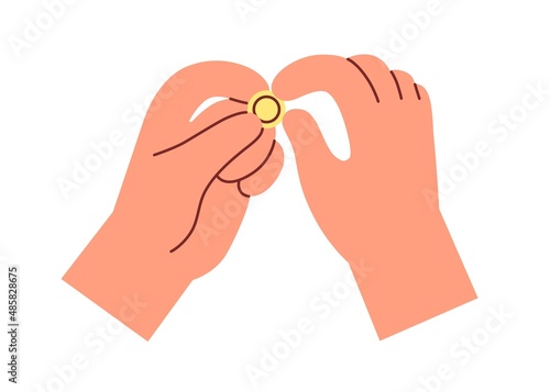 Gold coin in fingers. Hands giving and receiving money bonuses, change, financial help, gift and support. Savings, earnings concept. Flat vector illustration isolated on white background