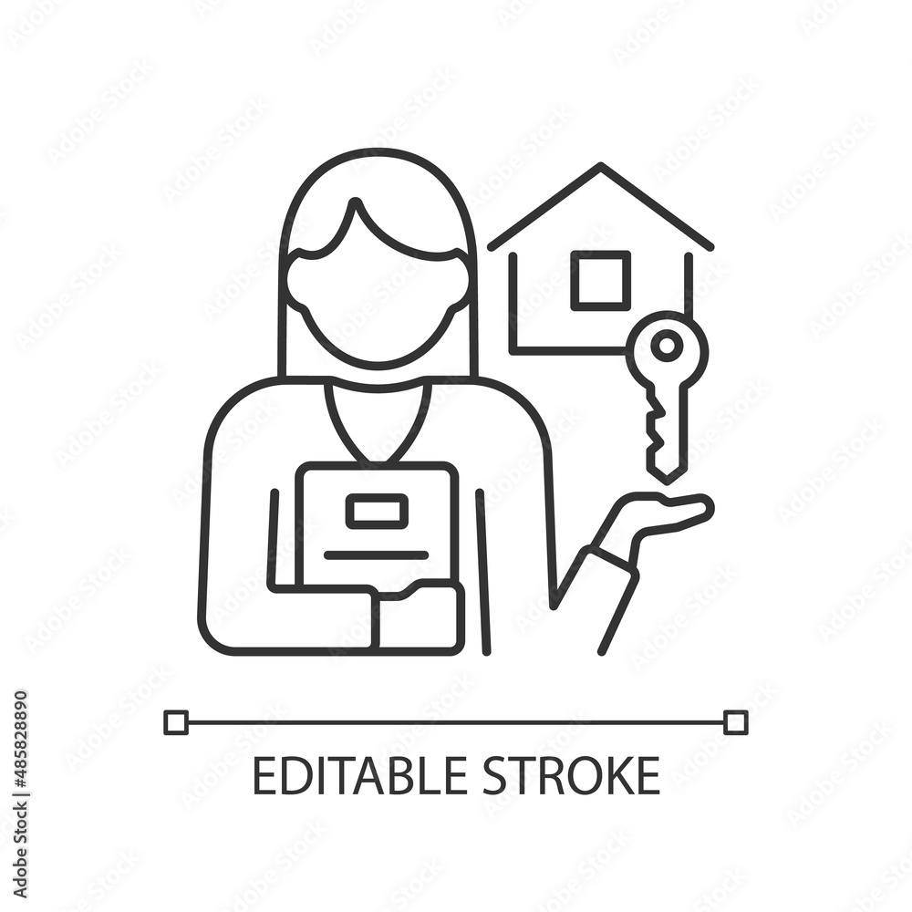 Estate agent linear icon. Real estate broker. Housing assistance and help. Property sale. Thin line illustration. Contour symbol. Vector outline drawing. Editable stroke. Arial font used Estate agent linear icon. Real estate broker. Housing assistance and help. Property sale. Thin line illustration. Contour symbol. Vector outline drawing. Editable stroke. Arial font used