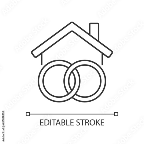 Community property linear icon. Assets acquired during marriage. Marital property. Real estate. Thin line illustration. Contour symbol. Vector outline drawing. Editable stroke. Arial font used