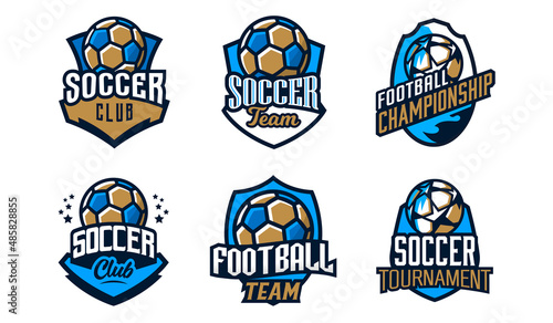 Set of logos, emblems of soccer. Colorful collection of soccer emblems. Football sport tournament logo template, football leagues, championship. Shield, ball, font. Isolated vector illustration