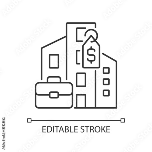 Corporate property selling linear icon. Commercial realty sale and purchase. Company office trading. Thin line illustration. Contour symbol. Vector outline drawing. Editable stroke. Arial font used