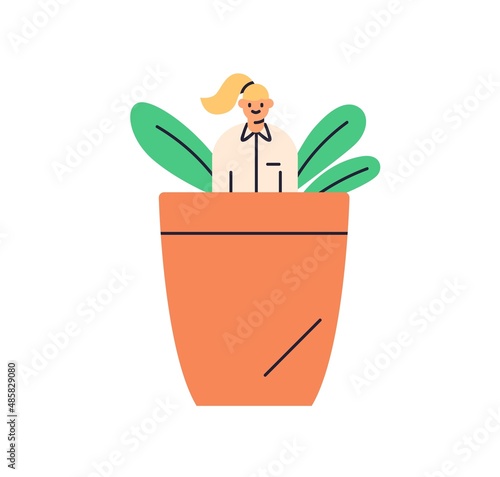 Trainee starting career. New employee, young specialist growth. Office worker beginner developing, growing in pot. Professional training concept. Flat vector illustration isolated on white background