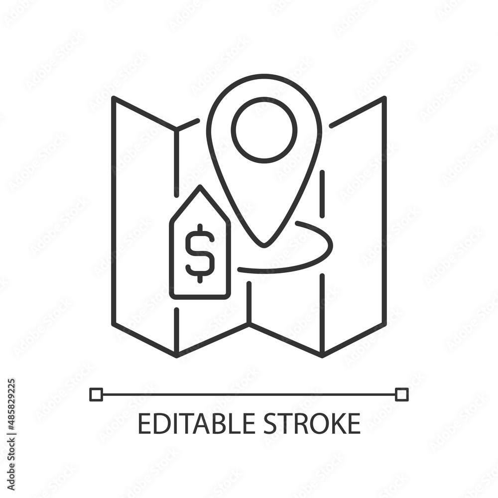 Land selling linear icon. Plot trading and purchasing. building construction. Property sale. Thin line illustration. Contour symbol. Vector outline drawing. Editable stroke. Arial font used Land selling linear icon. Plot trading and purchasing. building construction. Property sale. Thin line illustration. Contour symbol. Vector outline drawing. Editable stroke. Arial font used