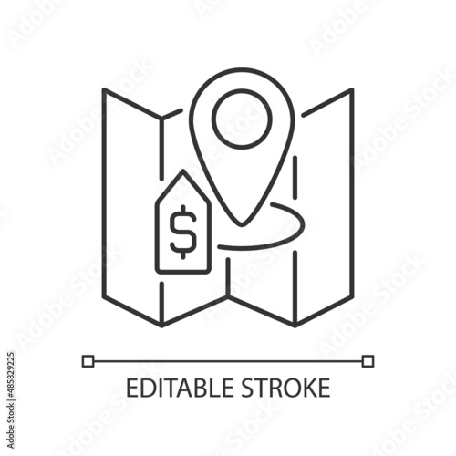 Land selling linear icon. Plot trading and purchasing. building construction. Property sale. Thin line illustration. Contour symbol. Vector outline drawing. Editable stroke. Arial font used