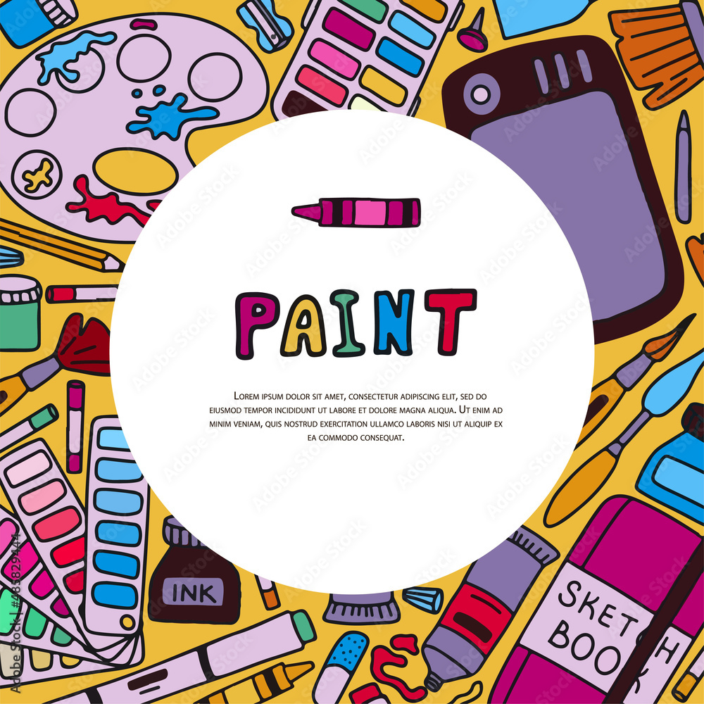 Fototapeta premium Vector art tools sketch banners. Cards hand drawn vector artist s supplies. Doodle graphic tablet, markers and paints. Art background