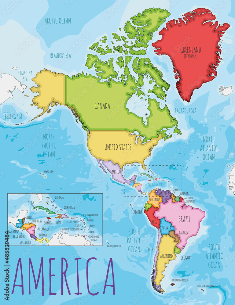 Fototapeta premium Political America Map vector illustration with different colors for each country. Editable and clearly labeled layers.