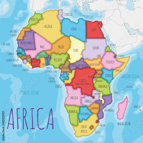 Political Africa Map vector illustration with different colors for each country. Editable and clearly labeled layers.