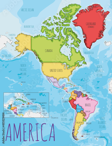 Political America Map vector illustration with different colors for each country. Editable and clearly labeled layers.