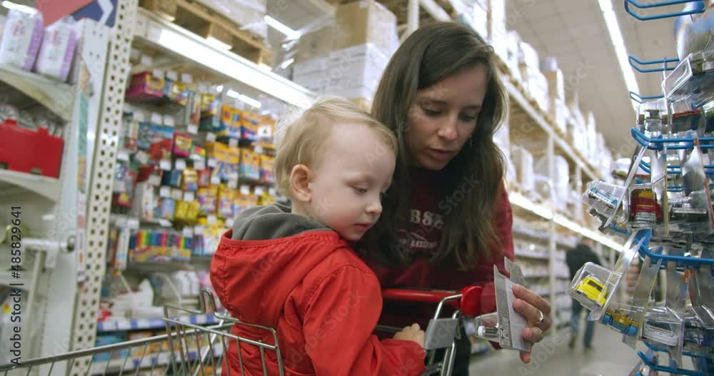 Mom and son choose a toy in the store. A little boy chooses a toy car in a supermarket. Mom and son choose a toy in the store. A little boy chooses a toy car in a supermarket.