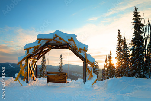 observation deck on the top of the mountain in winter with swings, mountain salanga
