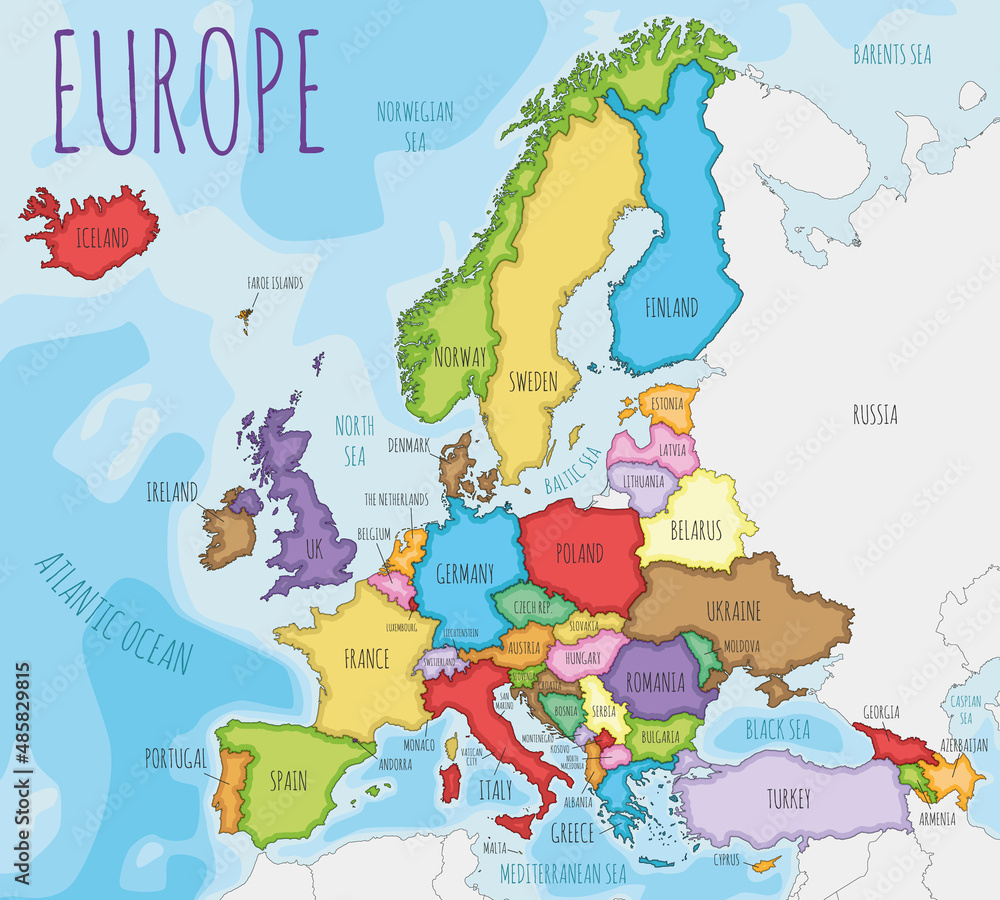 Political Europe Map vector illustration with different colors for