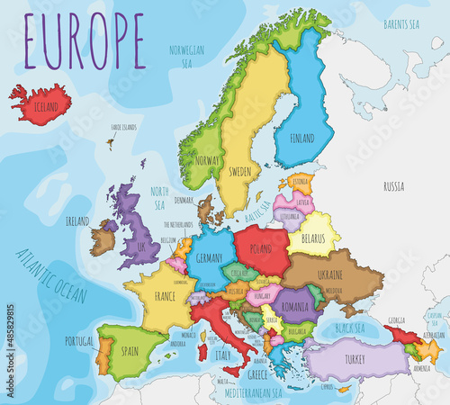 Political Europe Map vector illustration with different colors for each country. Editable and clearly labeled layers.
