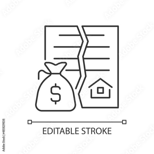 Nullified contract linear icon. Void and invalid agreement. Real estate transaction annulment. Thin line illustration. Contour symbol. Vector outline drawing. Editable stroke. Arial font used