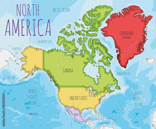 Political North America Map vector illustration with different colors for each country. Editable and clearly labeled layers. photo