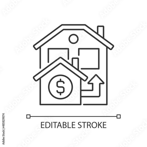 Bridge loan linear icon. Short term loan to exchange accommodation. Real estate. Property sale. Thin line illustration. Contour symbol. Vector outline drawing. Editable stroke. Arial font used