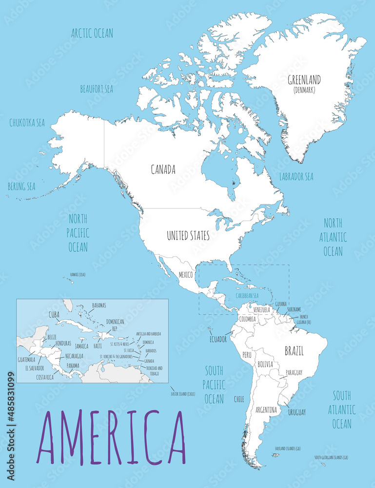Political America Map vector illustration with countries in white color. Editable and clearly labeled layers.