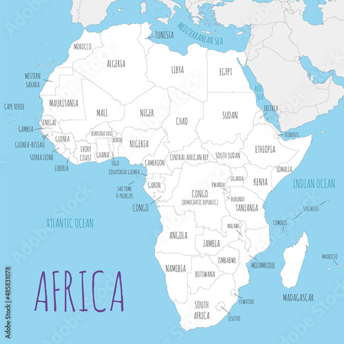 Political Africa Map vector illustration with countries in white color. Editable and clearly labeled layers.