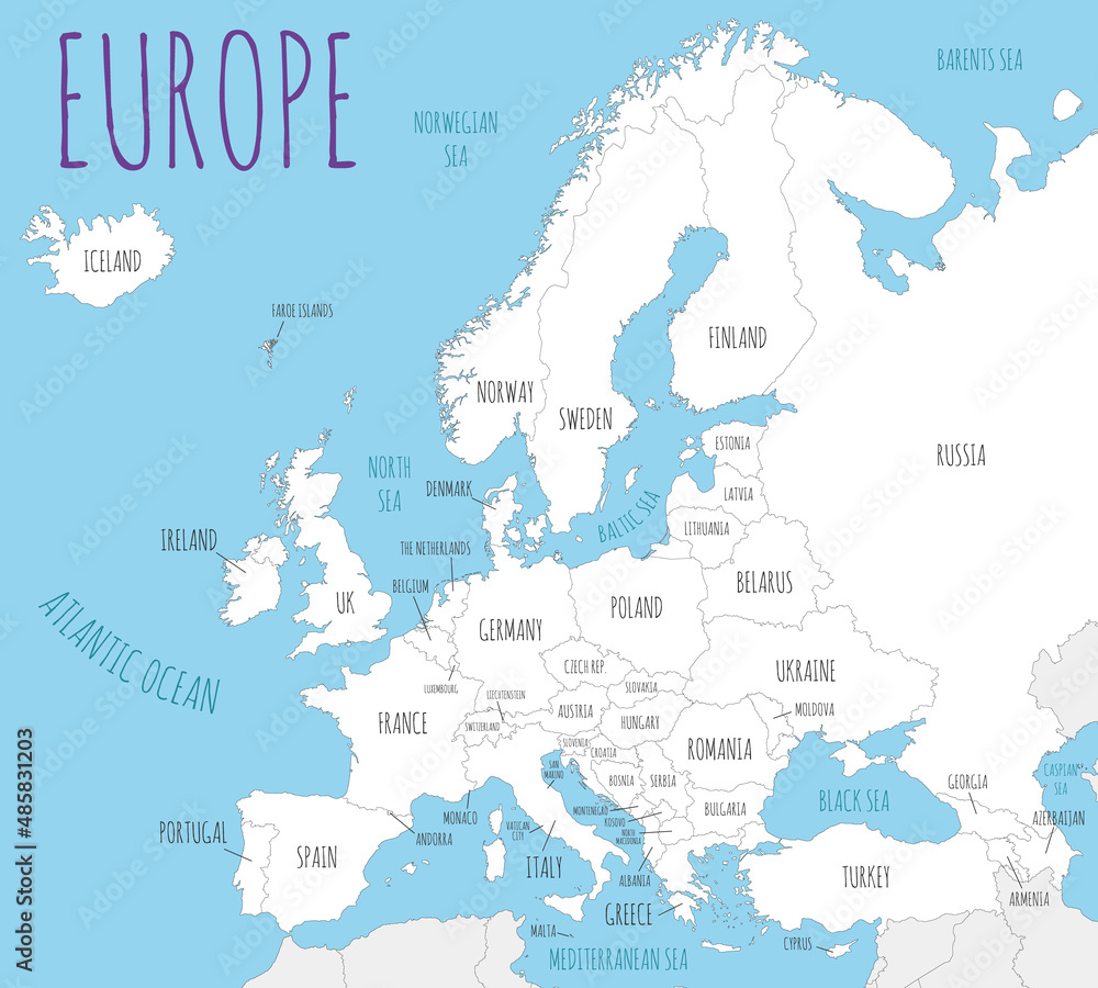 Political Europe Map vector illustration with countries in white color. Editable and clearly labeled layers.