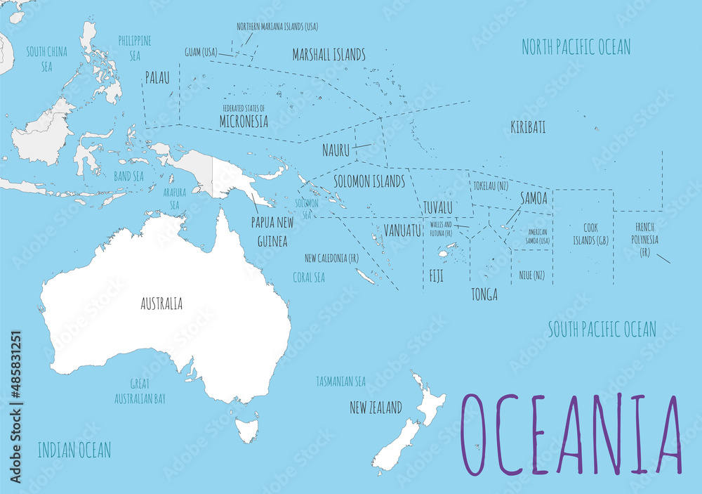 Political Oceania Map vector illustration with countries in white color. Editable and clearly labeled layers.