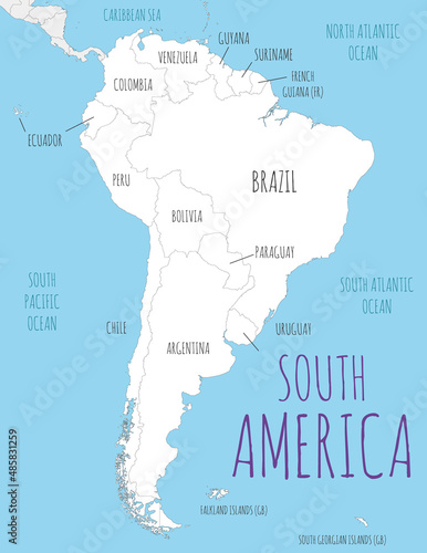 Political South America Map vector illustration with countries in white color. Editable and clearly labeled layers.