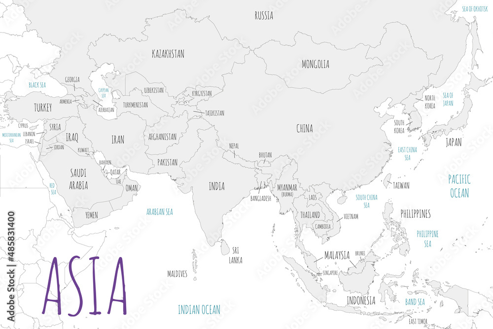 Political Asia Map vector illustration isolated in white background. Editable and clearly labeled layers.