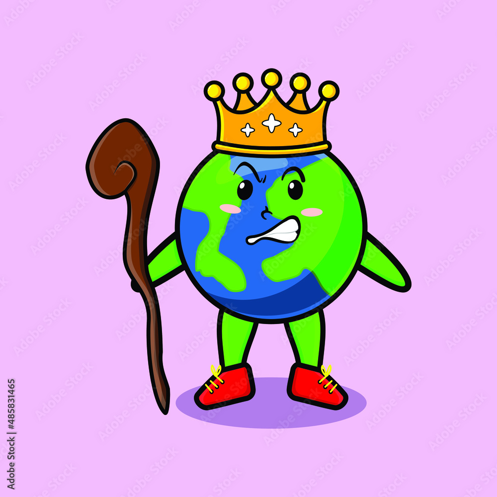 Naklejka premium Cute cartoon earth mascot as wise king with golden crown and wooden stick cute modern style design for t-shirt, sticker, logo element