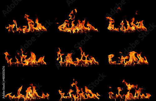 set bonfire that burns fuel Heat energy from the fire at night abstract. Orange-yellow. Isolated on black background.