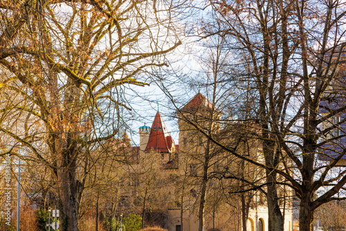 Historical buildings in Hessing Park in Augsburg under blue sky