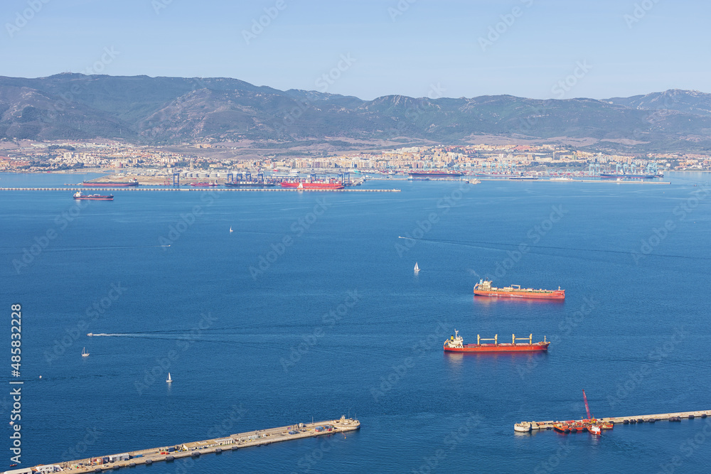 Shipping activities in the Bay of Gibraltar, with the port of Algeciras in the background