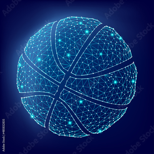 Basketball ball consisting of 3D triangles, lines, points and links. Vector illustration of EPS 10.