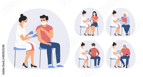 Woman in face mask getting vaccinated against Covid-19 to different people. Vector flat style cartoon illustration