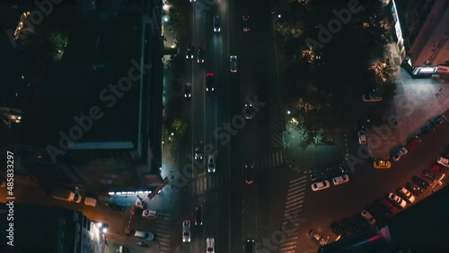 Aerial view of night streets in downtown Bucharest, Romania, with bright night illumination. cars drive through the streets of the night city. Wide shot with smooth cinematic drone motion. 4k footage
