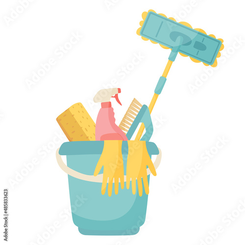 Tools and detergents  for cleaning and disinfection on bucket. House cleaning service concept. Flat vector illustration on white background.
