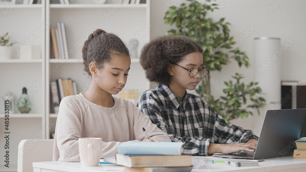 Smart schoolgirls studying together, learning and preparing for test, education Smart schoolgirls studying together, learning and preparing for test, education