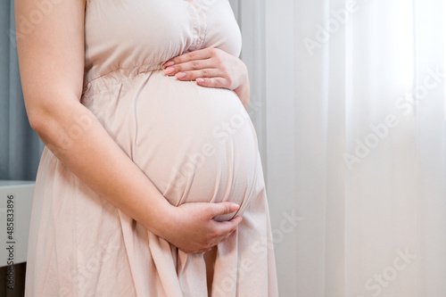 Pregnant woma holding belly standing near window. Motherhood and pregnancy concept.Copyspace banner