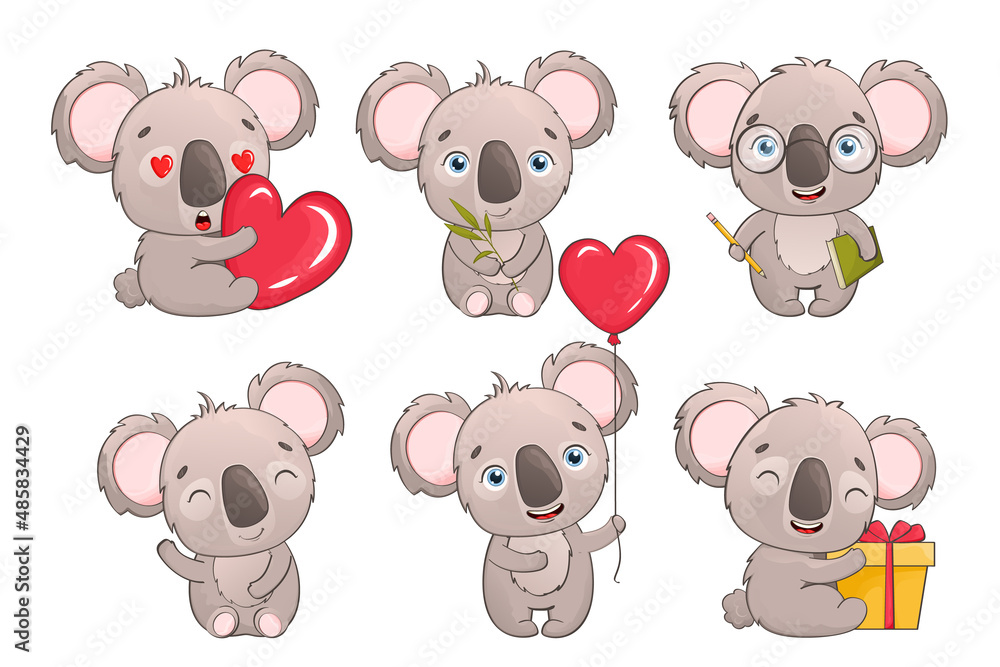 Vector set of adorable vector koalas isolated on white background. Tropical animals, cute baby animals in a watercolor style. Cartoon character tropical animal in flat style