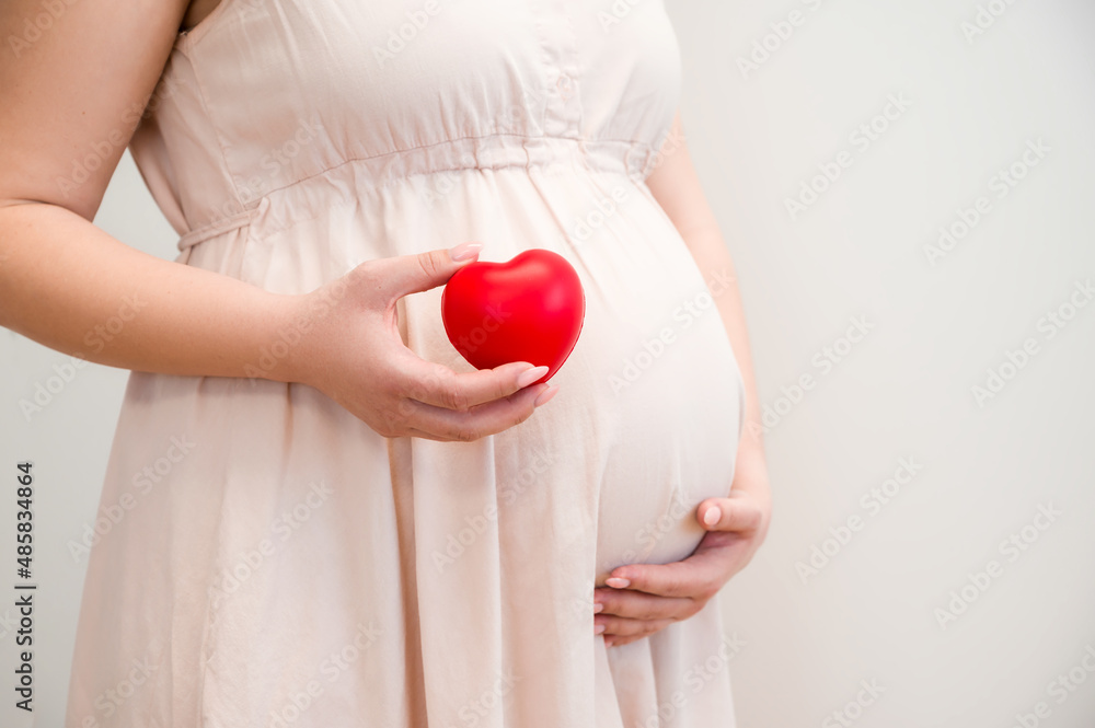 Side view of a Pregnant woman holding heart.Motherhood and pregnancy concept Side view of a Pregnant woman holding heart.Motherhood and pregnancy concept