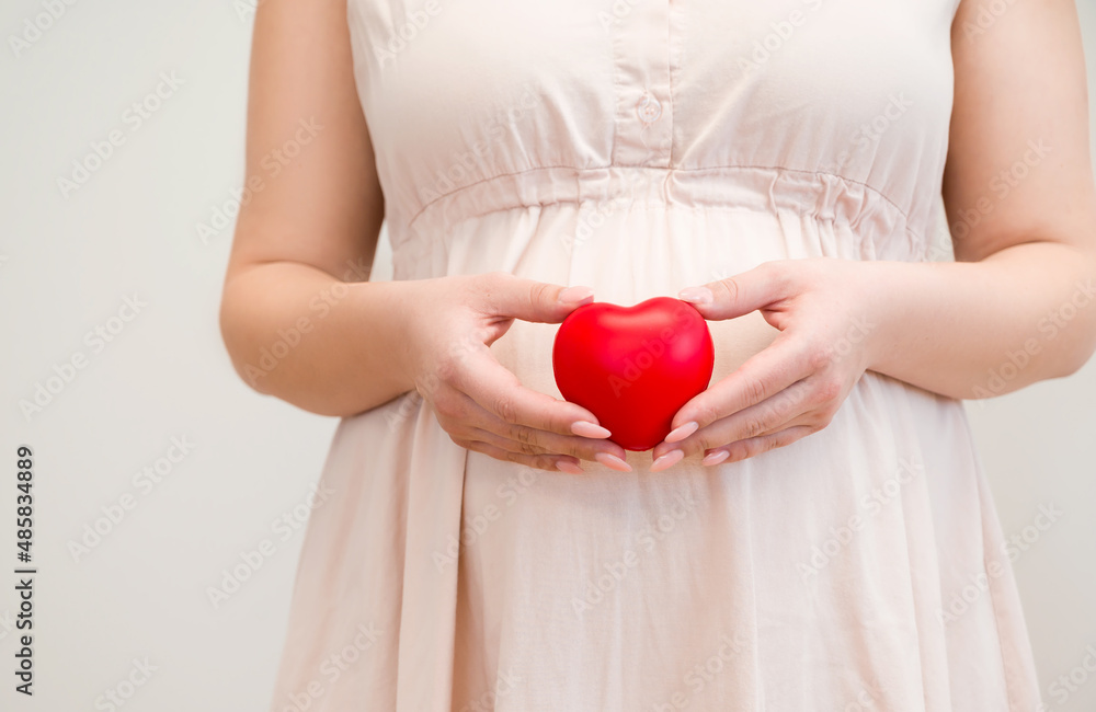 Closeup of a Pregnant woman with a belly tummy holding heart.Motherhood and pregnancy concept Closeup of a Pregnant woman with a belly tummy holding heart.Motherhood and pregnancy concept
