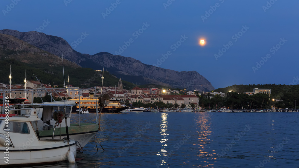 Peaceful Croatian Village and Adriatic Bay Illuminated by Moon
