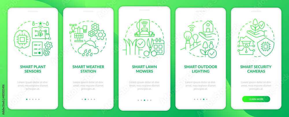 Smart agriculture green gradient onboarding mobile app screen. Security walkthrough 5 steps graphic instructions pages with linear concepts. UI, UX, GUI template. Myriad Pro-Bold, Regular fonts used