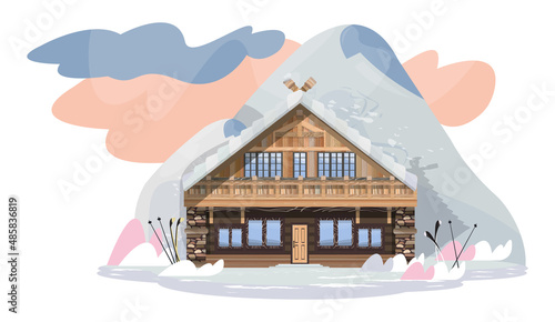 Illustration with a chalet-style house. The architecture of the mountainous regions of the Alps.