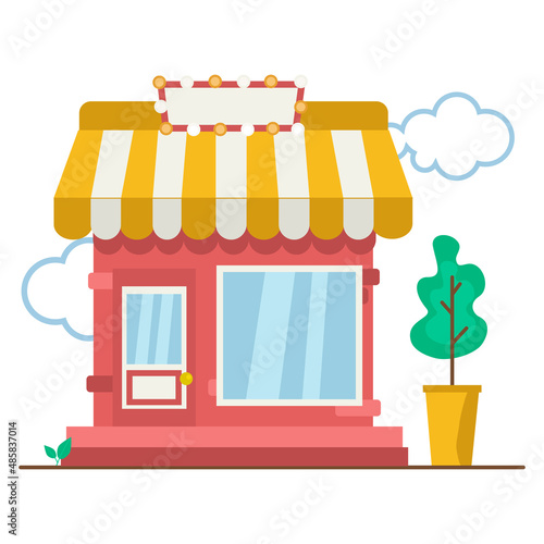 Fototapeta Naklejka Na Ścianę i Meble -  Building for your business. Bakery, flower shop, coffee shop, restaurant, etc. Next to a cute potted plant and clouds. Vector graphic.