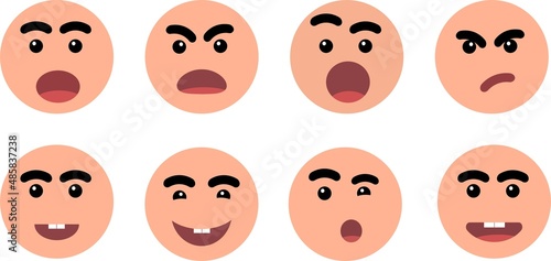Cartoon faces set. Smiling, anger, disturbance, discontent and astonishment character face icons. Happy or angry  emotions collection