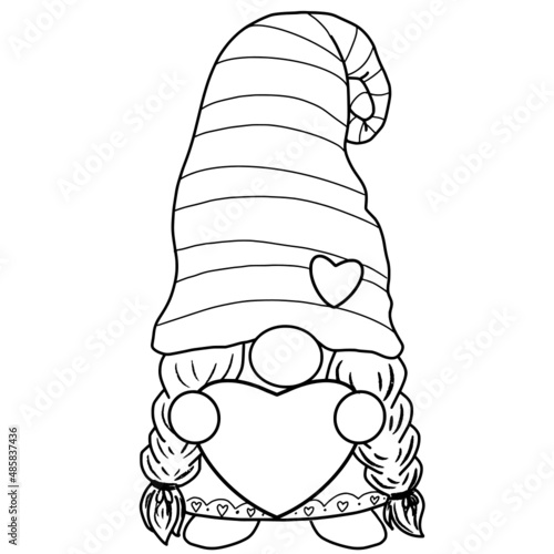 Girl Gnome hold big heart, Outline