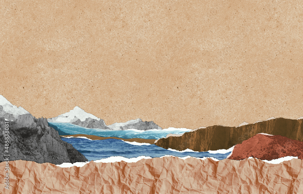 Zine collage landscape paper art Surreal collage composition made of torn pieces of linen, craft paper, carton, torchon. Seascape with blue colored fragment of water, mountain and gravel in front.  - obrazy, fototapety, plakaty 
