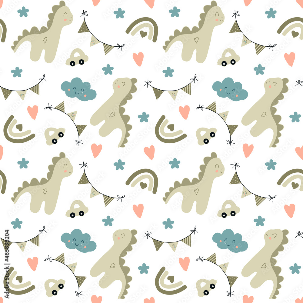 Obraz premium Dinosaur. Cute dino. Green car. Clouds. Rainbows. Stars and hearts. Seamless pattern. Boho style decor. Print for fabric. 