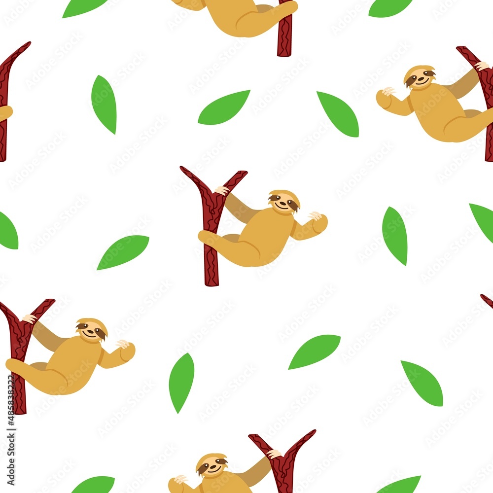 Naklejka premium Seamless pattern of sloths hanging on tree branch and green leaves. White background. Cartoon character. Cute and funny. Summer and spring. For wallpaper, textile, scrapbooking and wrapping paper