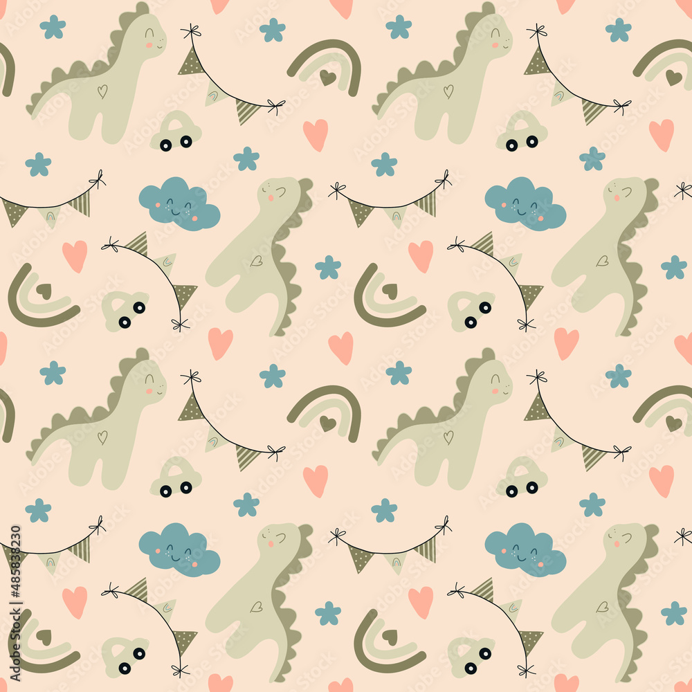 Dinosaur. Cute dino. Green car. Clouds. Rainbows. Stars and hearts. Seamless pattern. Boho style decor. Print for fabric. 