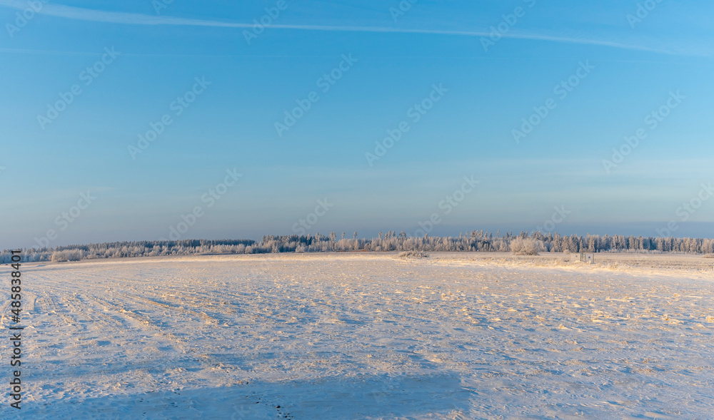 Winter farmland scenery landscape under snow with trees on background. Winter landscape with snow covered countryside. Winter farmland scenery landscape under snow with trees on background. Winter landscape with snow covered countryside.