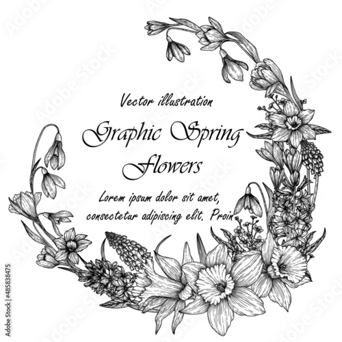 Vector illustration of a banner template with flowers. The frame is a wreath of spring graphic linear primroses. Snowdrops, muscari, daffodils, crocuses, hyacinths, brunner